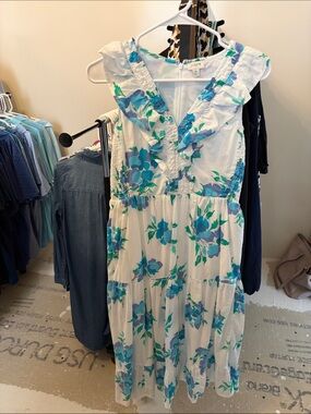 J. Crew White Midi Dress with Blue & Teal Floral Ruffle V-Neck